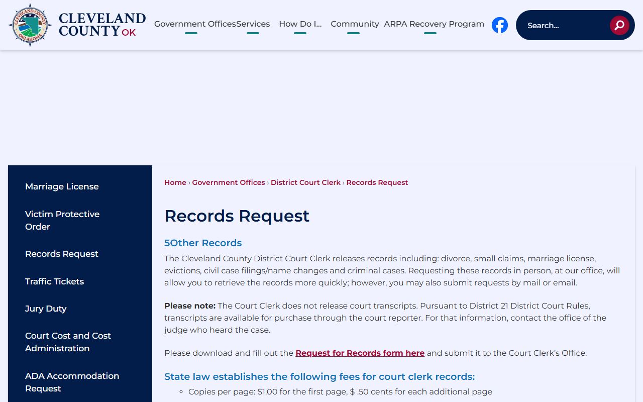 Cleveland County court records request instructions for Cleveland County Court records