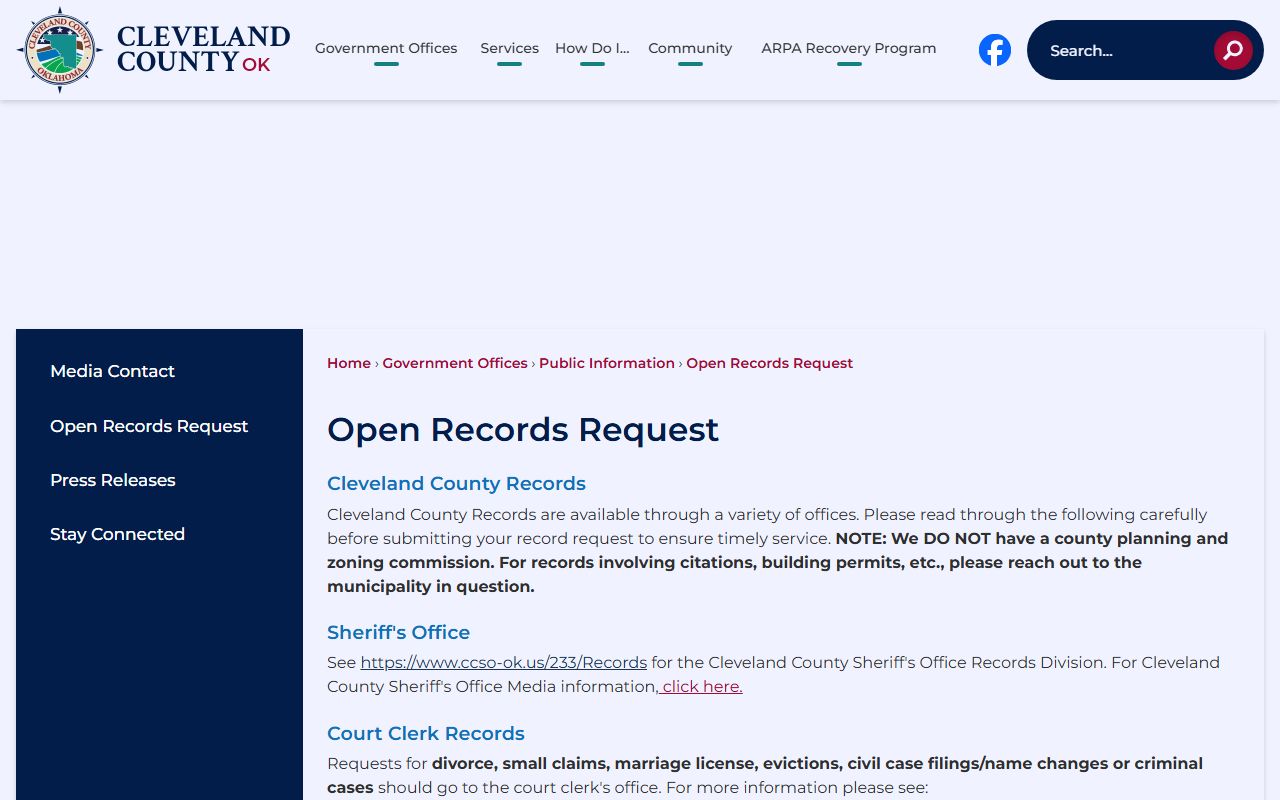 Cleveland County open records routing for court records and county records