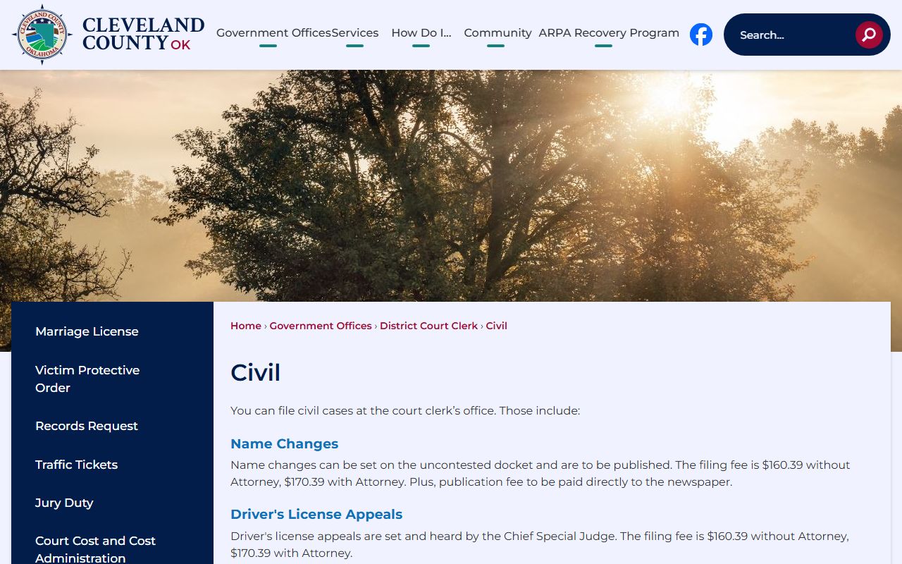 Cleveland County District Court Clerk civil filings page for records requests