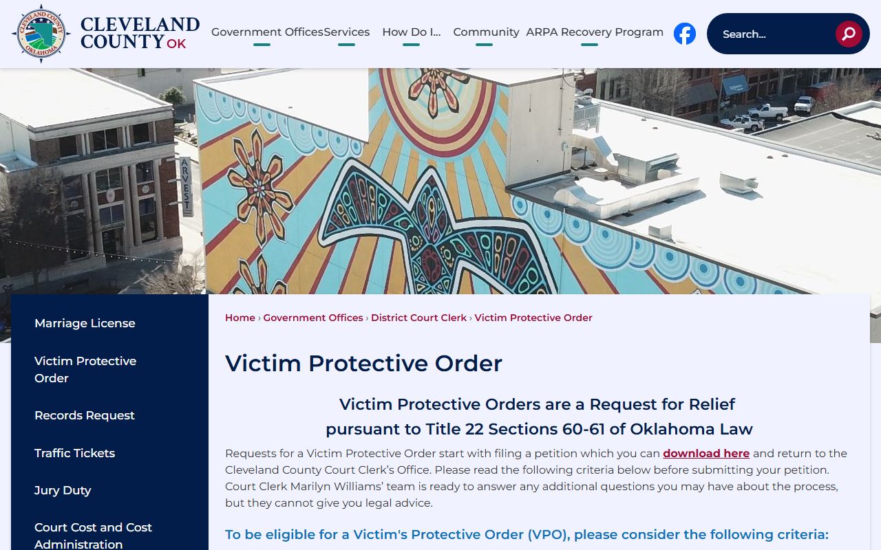 Cleveland County District Court Clerk victim protective order filing page