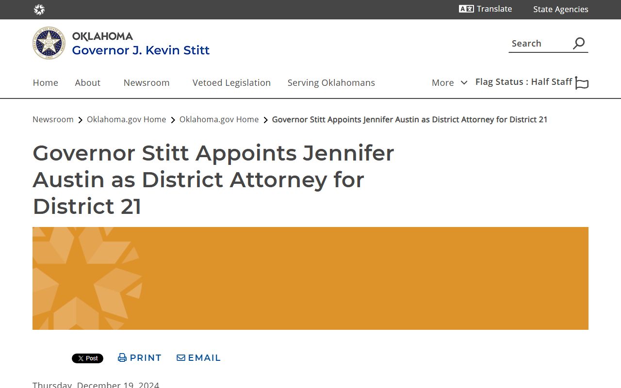 Governor release appointing the District 21 District Attorney serving Cleveland County
