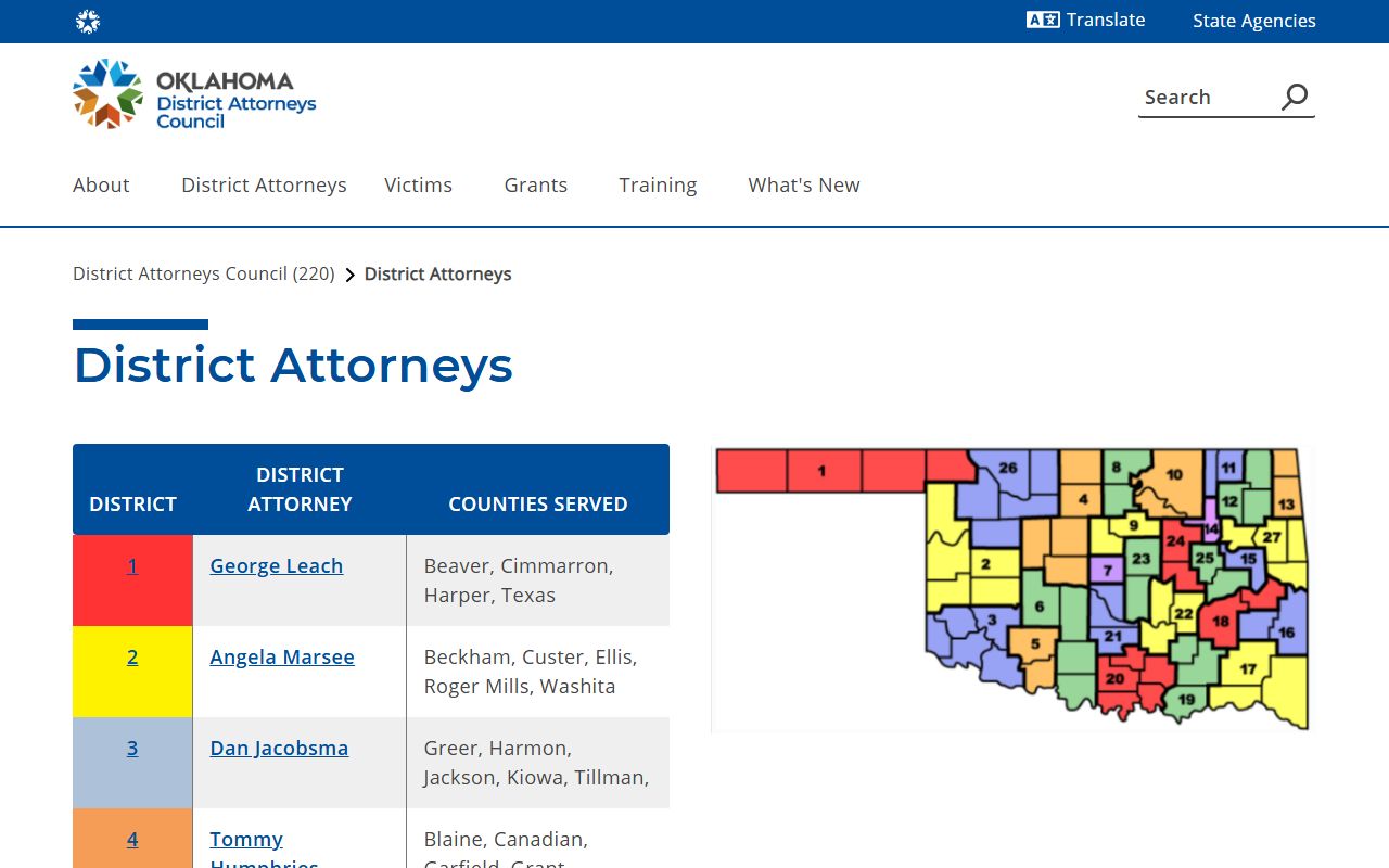 Oklahoma District Attorneys Council list showing District 21 for Cleveland County