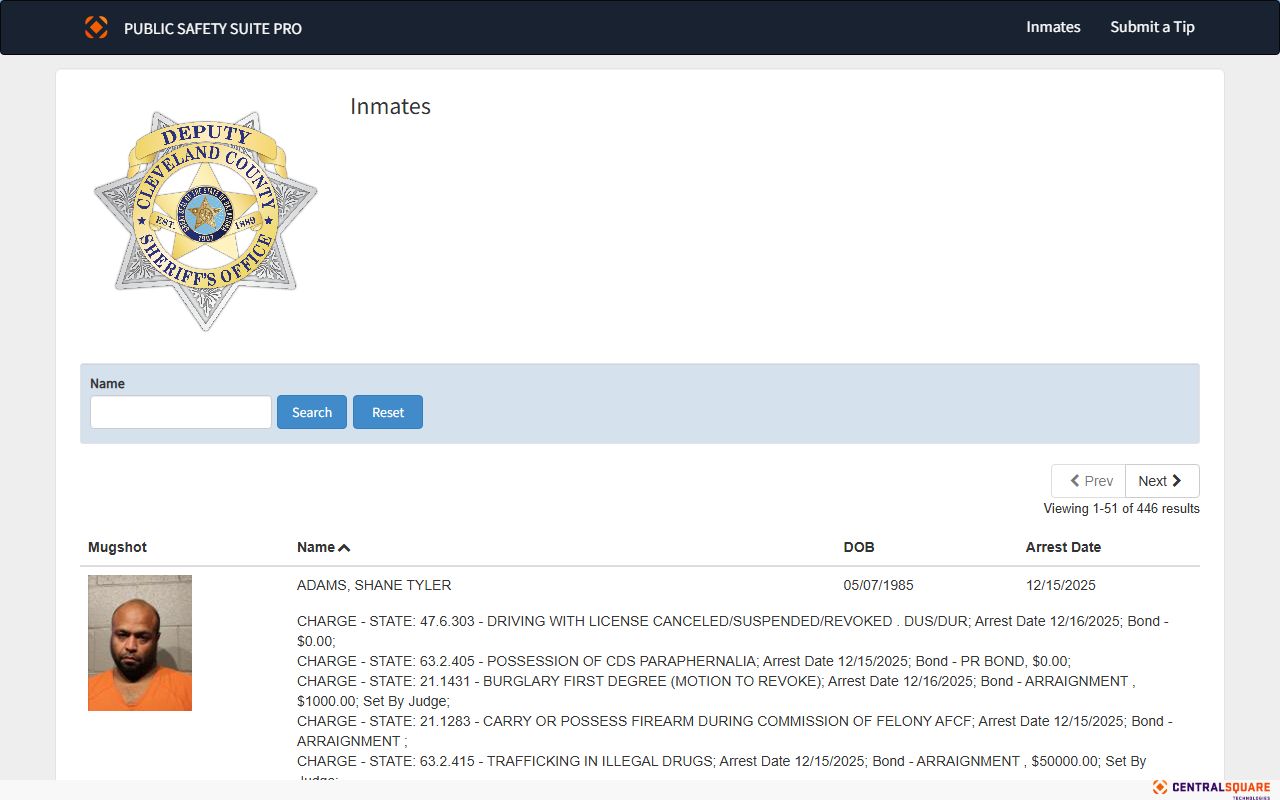 Cleveland County Sheriff inmate search roster for inmate records