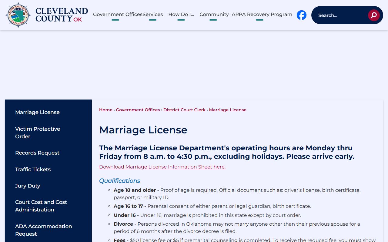 Cleveland County marriage license information for marriage and divorce records